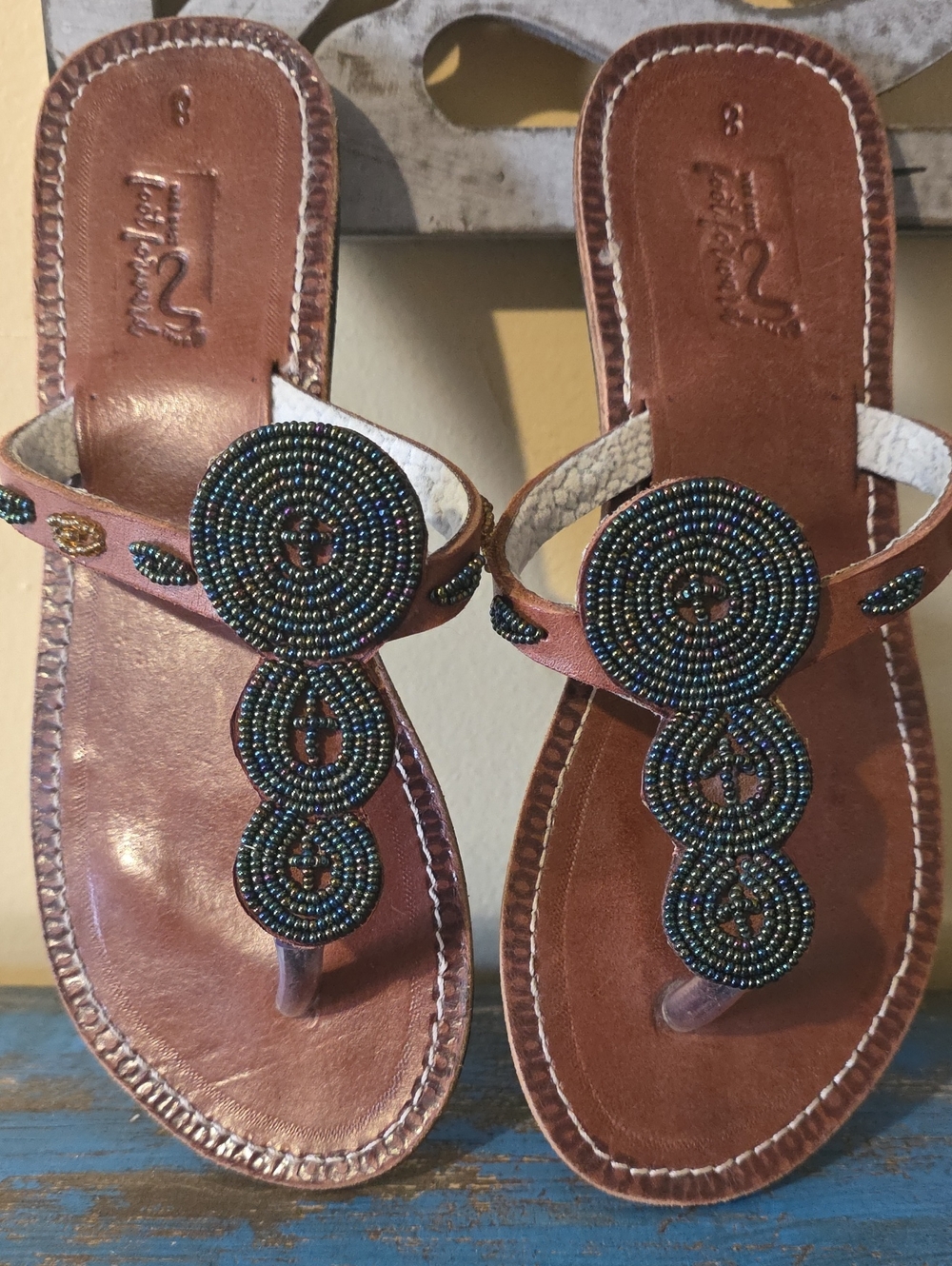 Lucky Brand Brown Leather Beaded Thong Sandals with Multicolor Beads
